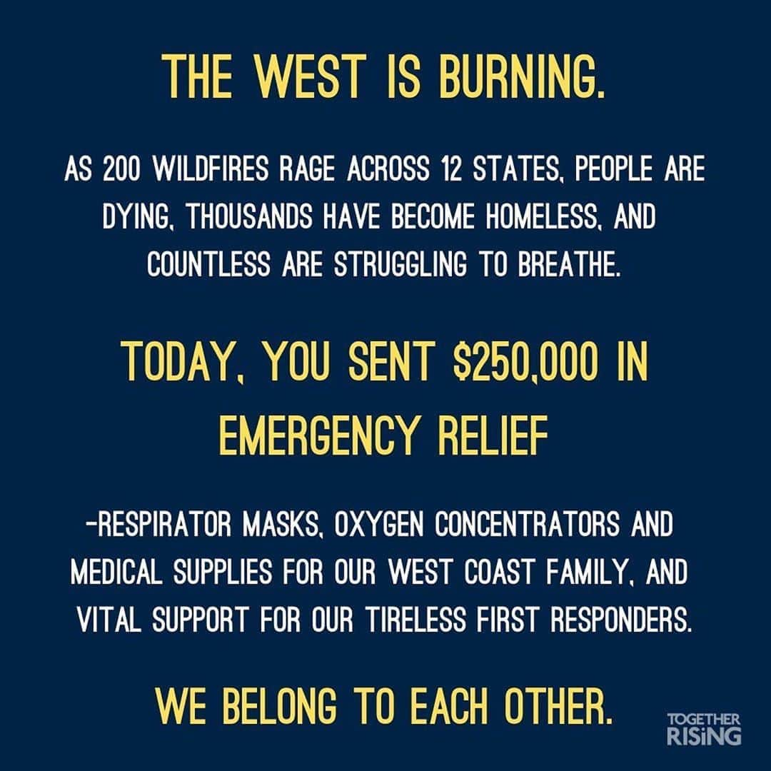 ベス・ベアーズさんのインスタグラム写真 - (ベス・ベアーズInstagram)「Amazing. So inspired by the incredible work of @together.rising @glennondoyle . What @glennondoyle writes about activism in her book #Untamed and explains to me on #harmonics podcast is advice I'll never forget. Thank you ! 💛💛🙌🏻🙌🏻🙏🏻Repost @glennondoyle ・・・ From our @together.rising:  In the biggest wildfire outbreak in the U.S. in over a century, 200 wildfires are currently raging across 12 states.   The fires have destroyed towns, are burning hundreds of thousands of acres a day, have forced tens of thousands from their homes, and have killed at least 7 people, including a one-year-old boy.  The smoke is blotting out the sun as our family in the West struggles to breathe and mourns devastating, unrelenting lost.  Today, through @together.rising, you are sending $250,000 in emergency relief.  Through @directrelief, you are providing thousands of people with respirator masks, oxygen concentrators, medicines, and medical supplies, as well as urgent support for first responders.  To our family out West:  We see you, we love you, and we stand with you.」9月11日 9時26分 - bethbehrs