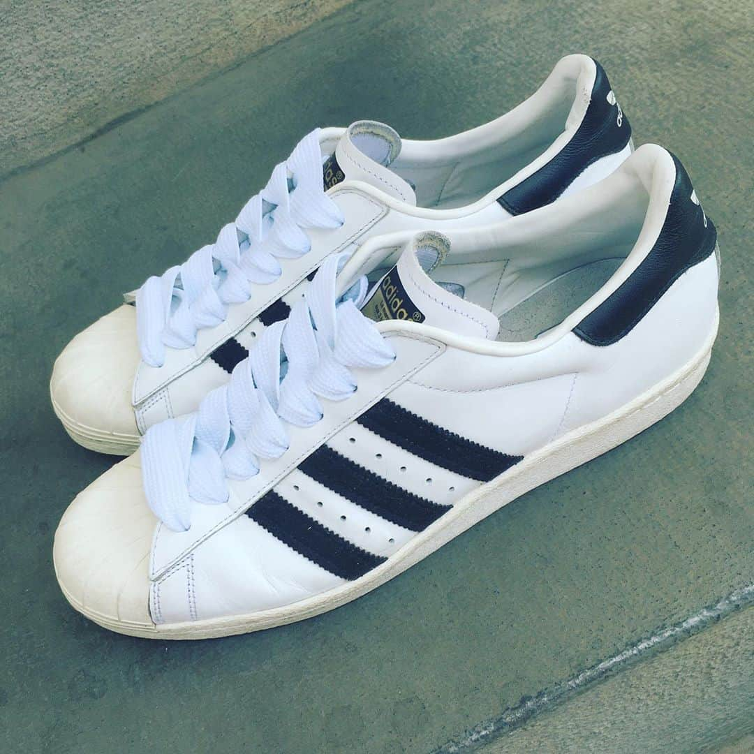 斉藤伸也のインスタグラム：「太ってきたのでスーパースターの靴ひもを太くしてやったぜ  #adidas #adidasoriginals #superstar #superstar80s #fatlaces #oldschool」