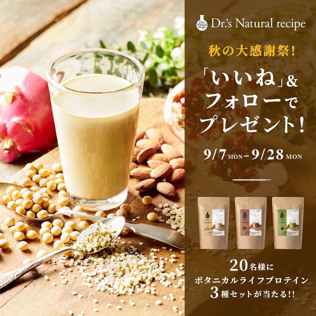 ドクターズナチュラルレシピのインスタグラム：「.⁣ いいね&フォローで当たる！🍁秋の大感謝祭🍁　⁣ 人気の『 #植物性プロテイン 』プレゼントキャンペーン開催🎉✨⁣ ⁣ いつも「Dr.'s Natural recipe」をご覧いただきありがとうございます🌿⁣ この度、普段からご愛顧いただいてる皆様に、「秋の大感謝祭」を開催🎉🎉⁣ ⁣ 女性の身体に嬉しい、良質な植物性タンパク質が美味しく摂れる⁣ 『 #ボタニカルライフプロテイン 』より、人気の「きなこ味」「チョコ味」「抹茶味」の⁣ 3つのフレーバーのセットをなんと、合計＼20名様／にプレゼント🎁⁣ ⁣ この機会にぜひお試しください♪⁣ ⁣ ＜参加方法＞ ⁣ ① @dr.s_natural_recipe をフォロー。⁣ ② こちらのキャンペーン投稿に いいね ☝で完了✨⁣ ⁣ ＜募集期間＞⁣ 2020年09月07日(月)～09月28日(月)⁣ .⁣ ＜賞品＞⁣ Dr.'s Natural recipe／ボタニカルライフプロテイン⁣ きなこ味・チョコ味・抹茶味の3セット⁣ ⁣ ＜当選人数＞⁣ 合計20名様⁣ .⁣ ＜当選者発表＞⁣ ※当選者発表は10⽉09⽇以降に予定しております。⁣ ※当選者の⽅には Instagram上のDMにてご連絡致します。 ⁣ .⁣ ＜ご注意＞⁣ ※こちらのお写真は商品のイメージ写真になります。予めご了承くださいませ。⁣ ※アカウントを非公開設定にしている場合は選考対象外となります。⁣ ※ご当選された賞品の変更、および当選権利の譲渡はできません。 ⁣ ※抽選時に、アカウントフォロー、本投稿へのいいねの当選要件となる状態を維持いただいていることが確認できない場合、抽選の対象から外れることがあります。おおむね1か月程度、フォロー、いいねを継続いただくことをお勧めします。 ⁣ ※通信環境の良くない状況にありDMが不着となった場合又はご当選通知のDMに記載の手続きを履行いただけない場合、ご当選の資格は無効となります。 ⁣ ※再抽選は行いません。 ⁣ ※日本国外にお住まいの方に対しては、当選しても配送できません。⁣ ※賞品の返品・交換・配送業者より弊社に返品されてからの再配送はできませんのでご了承くださいませ。 ⁣ ※賞品発送後の賞品による損害等の責任について、弊社は一切負いかねます。予めご了承ください。 ⁣ ※本キャンペーン参加にあたって生じるインターネット接続料や通信料、ご当選通知メールに記載の手続を履践するにあたって生じる諸費用は、ご本人様の負担となります。 ⁣ ⁣ たくさんのご応募お待ちしております♪⁣ ⁣ ⁣ #ドクターズナチュラルレシピ #drsnaturalrecipe⁣ #アンファー #angfa #プロテイン #ソイプロテイン #タンパク質 #植物性 #大豆由来 #ワークアウト #ジム女子 #ワークアウト女子 #ボディメイク #筋トレ #フィットネス女子 #トレーニング #丁寧な暮らし #おうちカフェ部 #おうちカフェ #チョコ好き #抹茶好き #キャンペーン開催中 #プレゼントキャンペーン #プレゼント企画 #プレゼント #protein #デリスタグラマー #foodstagram」