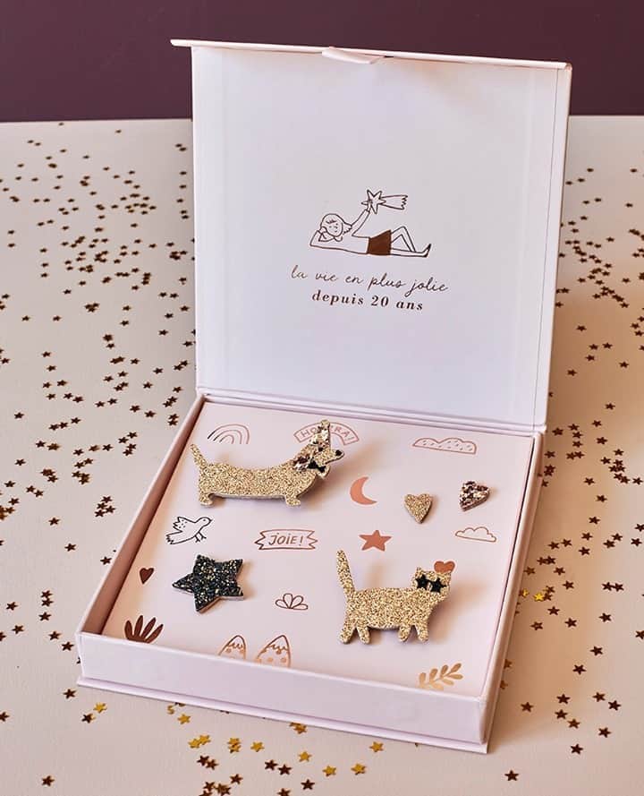 のインスタグラム：「✨ LA VIE EN PLUS JOLIE depuis 20 ans ✨⁠ ⁠ Pour nos 20 ans, nous n'avons pas résisté à l'envie de vous proposer un coffret de 4 broches iconiques, réinterprétées par notre styliste : Michel le teckel, Oreste le chat, le cœur (oui mais en duo !) et sans oublier l’étoile, notre grigri – notre breloque – celle qui nous guide depuis 20 ans !⁠ Vite, il n'y en aura pas pour tout le monde 😉⁠ ⁠ #despetitshauts #despetitshautsaddict #despetitsmoments #nouvellecollection #lavieenplusjoliedepuis20ans #lavieenplusjolie」