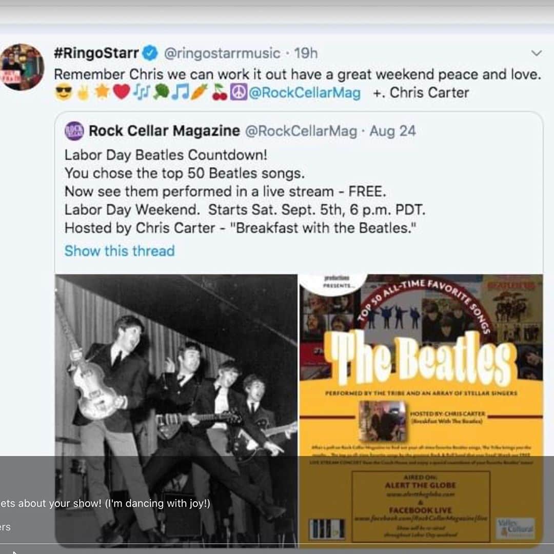 ロブ・モローのインスタグラム：「Too cool @ringostarrmusic tweeted about the show.  Re-broadcast today 12 -8 www.alerttheglobe.com」