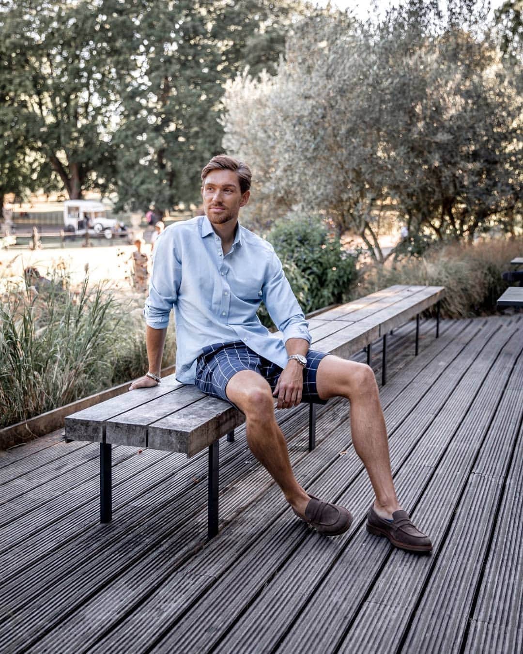 ハケットのインスタグラム：「@henryjwade has the right idea. Kick back and relax with our seasonal pieces, designed to go the distance. We love this pairing of tonal blues and the statement grid check pattern on the shorts. Would you try this timeless look?」