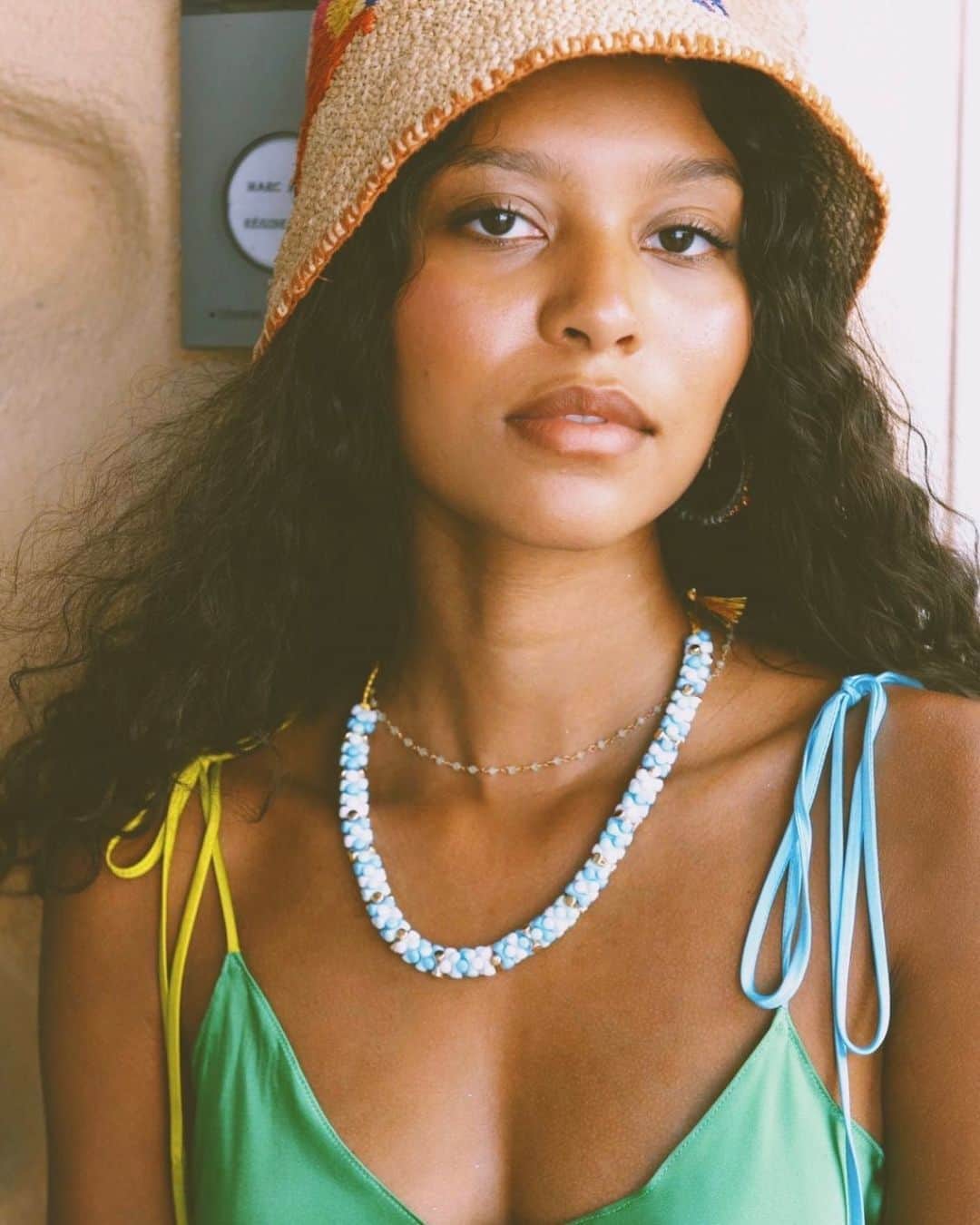 ダニジョーのインスタグラム：「Labor Day Uniform: Tie-Strap Slip, campy necklace, bucket hat 🏖 use code LABORDAY at checkout before your favorites are gone 🛒 #dannijogirls」