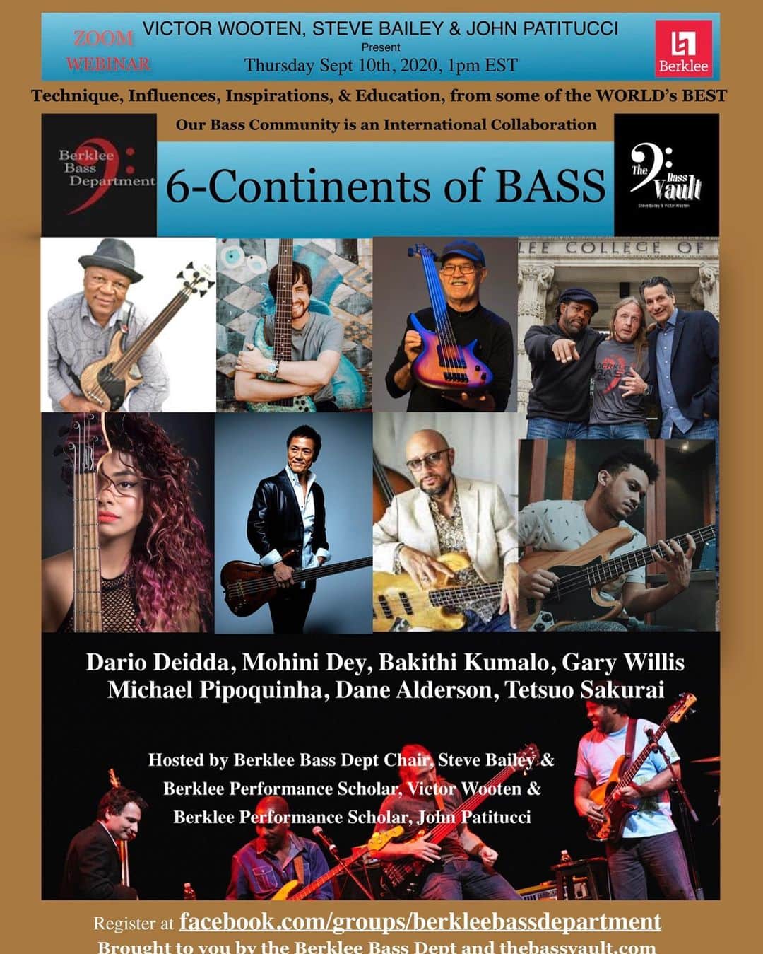ヴィクター・ウッテンのインスタグラム：「~6 CONTINENTS of BASS~ A discussion from four corners of the World Free Webinar Thursday Sep 10 at 1pm EDT  Virtuosic Innovators & Educators, Mohini Dey, Dane Alderson, Gary Willis, Michael Pipoquinha, Bakithi Kumalo, Tetsuo Sakurai, Dario Deidda, and more will represent their respective continents as we discuss the Covid related gigging, teaching, and recording issues that they are facing. There is no predicting where this conversation will go. LOOK OUT for SURPRISE Guests as well!!   What are they up to? What are they practicing? What is their advice to students? What was their path to success? What can we all collaborate on to help get thru COVID? Hosted by Victor Wooten, John Patitucci, and Steve Bailey.  It’s Free. Register here:  https://berklee.zoom.us/webinar/register/WN_WHtr2hKoTDOn1KALEaeOFg」