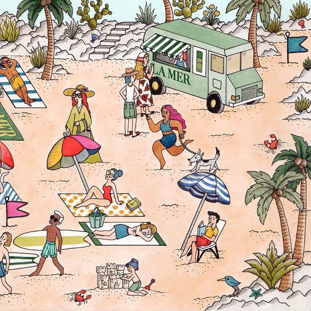 ドゥラメールのインスタグラム：「May today feel like a day at the beach ... but which way to the bay? The blue flag is where the maze begins. If you pass the popsicle truck, be sure to let the starfish sleep. Go past the chateau in-the-making and around the Grace Coddington look-alike. See the pink flag? It will show you the way.⁣ ⁣ Artist: @jayde.cardinalli」