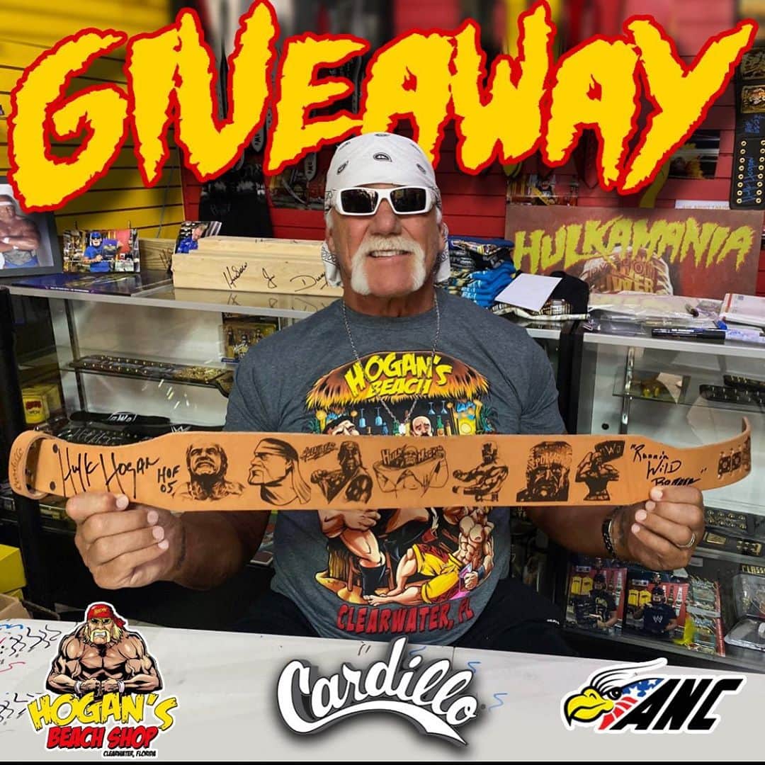 ハルク・ホーガンのインスタグラム：「🇺🇸 GIVEAWAY 🇺🇸 .LAST CHANCE. To enter you MUST FOLLOW   1️⃣ @cardilloweightbelts @cardilloweightbelts  @hogansbeachshop @hogansbeachshop  .  2️⃣ Tag a friend  3️⃣ Multiple individual tags = multiple entries!! . 💥BONUS💥 Share to your story and tag @hogansbeachshop @hulkhogan . . Winner will be chosen by @hulkhogan on Labor Day and receive this one of a kind tattooed commemorative signed @hulkhogan strap. #StrapUp . .  . . This  #cardilloweightbelts was tattooed by tattoo artist Handsome Pete @anc_boston  . . All @cardilloweightbelts are proudly made in the 🇺🇸」