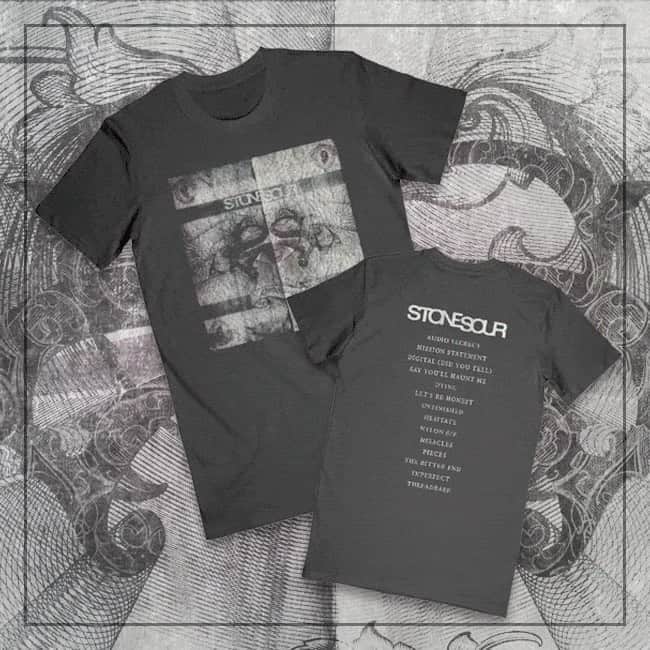 Stone Sourのインスタグラム：「Today marks the 10 Year Anniversary of our Audio Secrecy record. In celebration, we’ve released a special album tee, that features the artwork and tracklist from the 2010 album. Order yours at store.stonesour.com (link in story)」