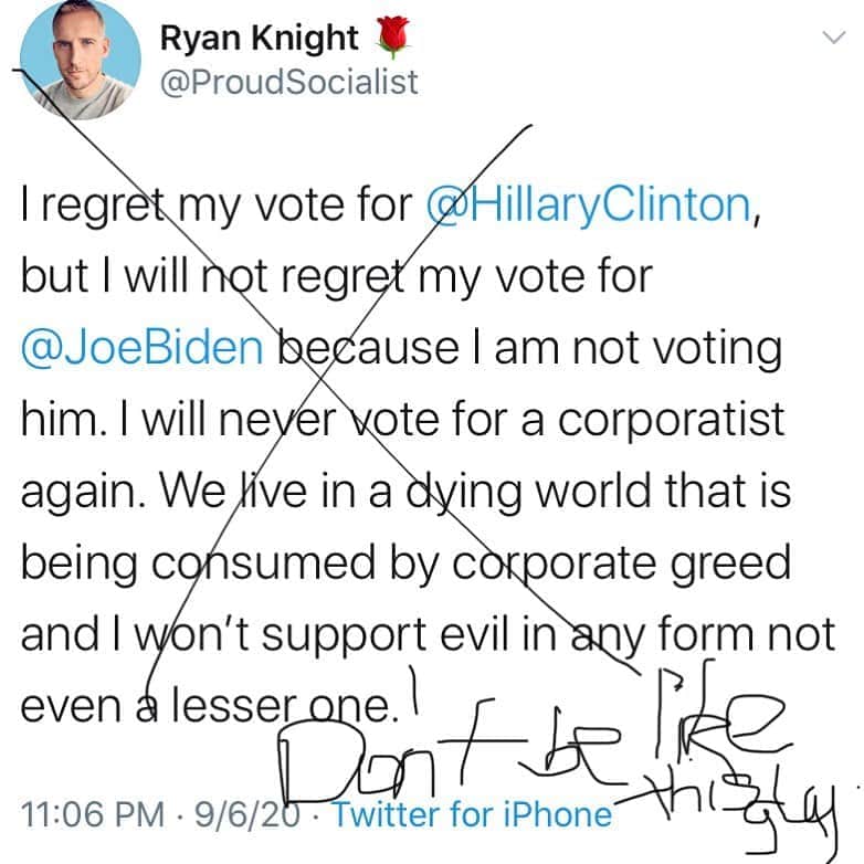 uglyfruitandvegさんのインスタグラム写真 - (uglyfruitandvegInstagram)「This attitude, maybe not in CA (where it won’t matter) but where it influences states where it will matter, is why we ended up with Trump in 2016. It’s why Jill Stein may have been the difference. This guy will keep preaching purist values, which have value. But right up until the bitter end where we end up with facism?!!! Shouldn’t that be obviously much worse than a “corporatist dem”?!!! Don’t be this guy🤦‍♂️🙇‍♂️ #VoteBidenHarris2020」9月8日 8時34分 - uglyfruitandveg