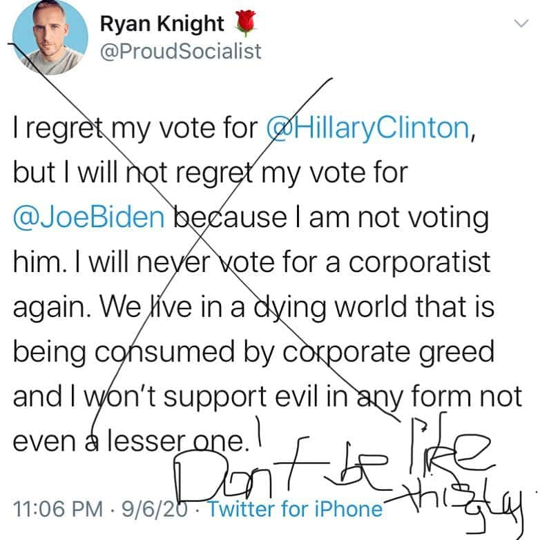 uglyfruitandvegのインスタグラム：「This attitude, maybe not in CA (where it won’t matter) but where it influences states where it will matter, is why we ended up with Trump in 2016. It’s why Jill Stein may have been the difference. This guy will keep preaching purist values, which have value. But right up until the bitter end where we end up with facism?!!! Shouldn’t that be obviously much worse than a “corporatist dem”?!!! Don’t be this guy🤦‍♂️🙇‍♂️ #VoteBidenHarris2020」