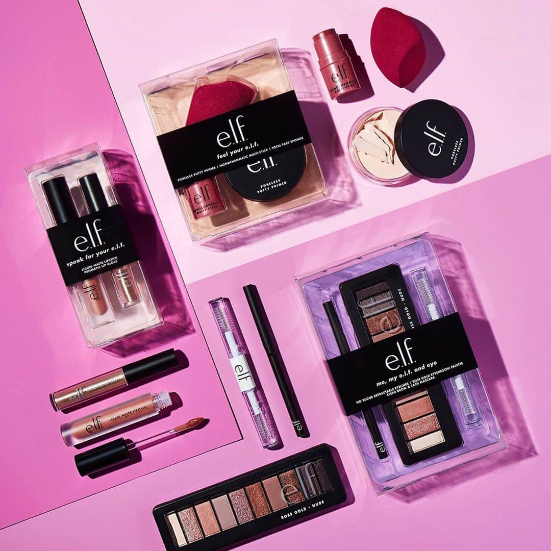 e.l.f.さんのインスタグラム写真 - (e.l.f.Instagram)「Kits all about e.l.f. love 🥰   💖Speak for Your e.l.f. Kit: The perfect lip duo including our Liquid Matte Lipstick in shade Praline and Prismatic Lip Gloss in shade Rose Quartz.  💖Me, My e.l.f. & Eye Kit: Everything you need to create a beautifully natural eye look is in this kit including the Clear Brow & Lash Mascara, Rose Gold Eyeshadow Palette in Nude and No Budge Retractable Eyeliner in Black.  💖Feel your e.l.f. Kit: Get that natural glam look with our Poreless Putty Primer, Monochromatic Multi Stick in Sparkling Rose and the Total Face Sponge.   Shop the sets on elfcosmetics.com 😍 #eyeslipsface #elfingamazing #elfcosmetics #crueltyfree #vegan」9月8日 9時25分 - elfcosmetics