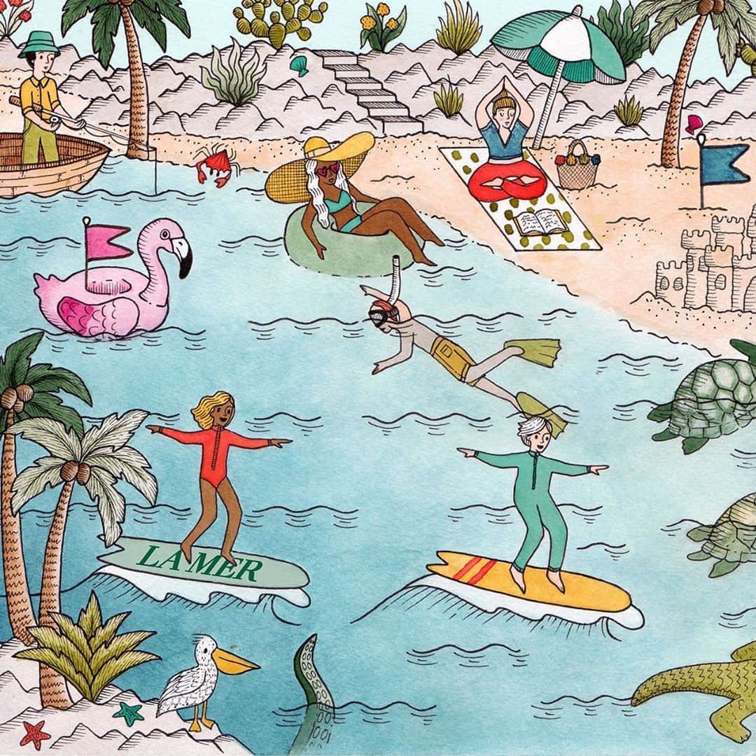ドゥラメールのインスタグラム：「You’ve made it to the deep blue sea! Watch out for the surfer on waves, and see the turtles how they bathe. Can you hear her? On land, a peaceful sunbather is chanting out to you, “So glad you’ve made your way! Hope you had a refreshing Labor Day.”⁣ ⁣ Artist: @jayde.cardinalli」