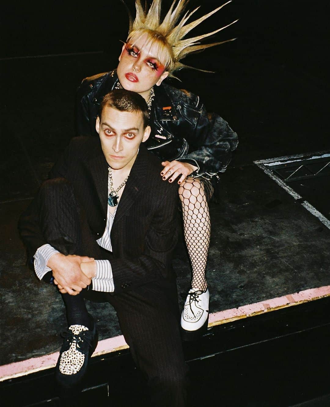 アンダーグラウンドのインスタグラム：「Storm wears the Original Wulfrun Creeper in White leather (available in both single and double sole ) and Joe wears the Original Wulfrun Creeper in black suede with leopard print "pony " apron, also available in single and double sole.⁠ ⁠ Shot at the Victoria Dalston.⁠   ⁠ Photographer: @mrtomgoddard  Makeup Artist: @alicedoddsmakeup I  Hair Stylist: @mulletbabyy」