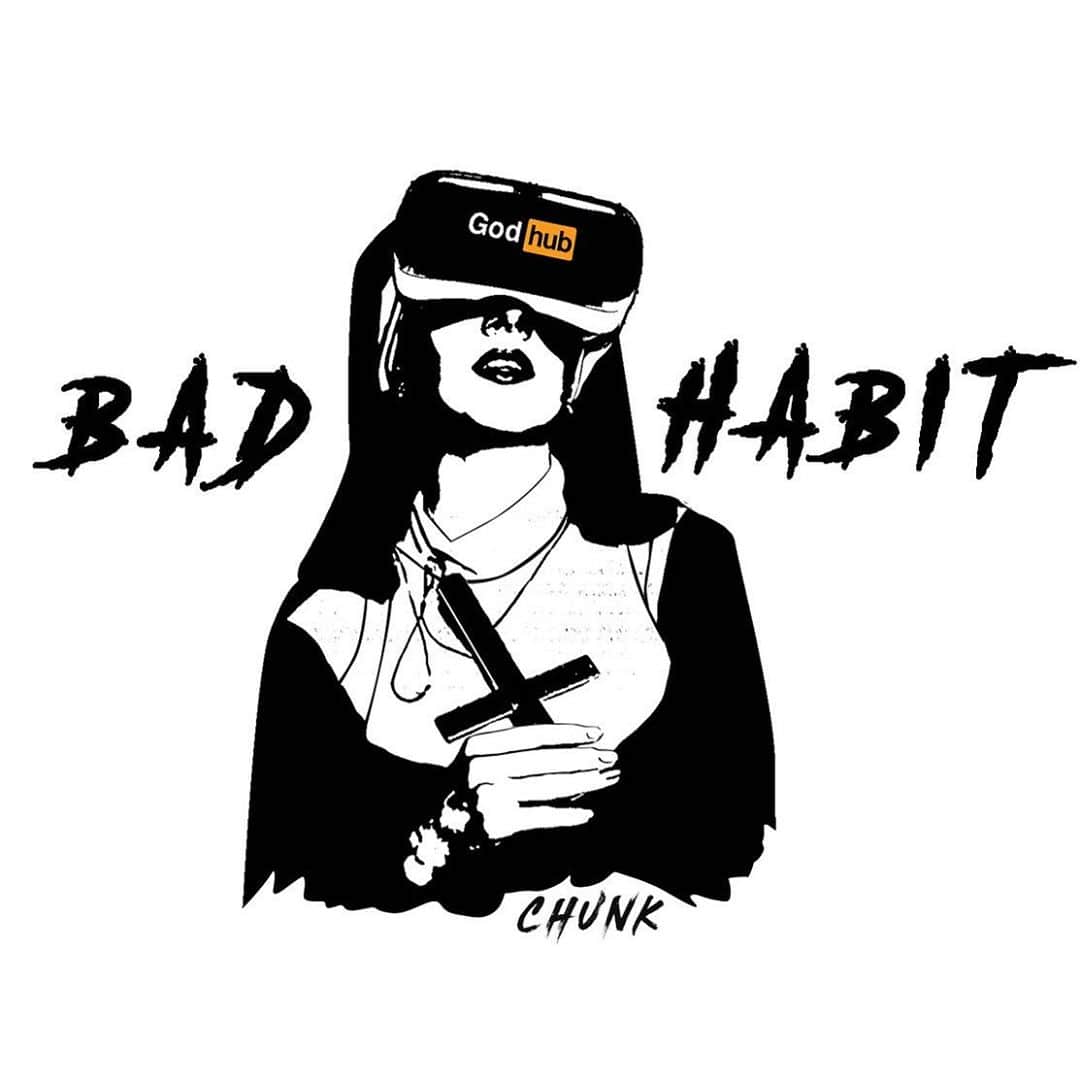 のインスタグラム：「Bad Habit. . . . . . #wearechunk #chunk #chunkclothing #cnk #cnkclothing #london #britian #england #art #graphics #graphicdesign #tshirt #tshirtdesign #design #pornhub #typography #idea #concept #humour #funny #godhub」