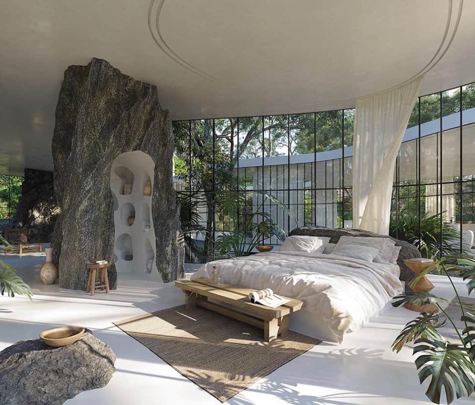 ペニーレ・タイスベックのインスタグラム：「I’m spending a lot of time researching on interiors for our future home and had to share this incredible dream house, that is placed by a river surrounded by palm trees called Casa Atibaia💚 A collaboration between Charlotte Taylor and Nicolas Préaud. 💚」