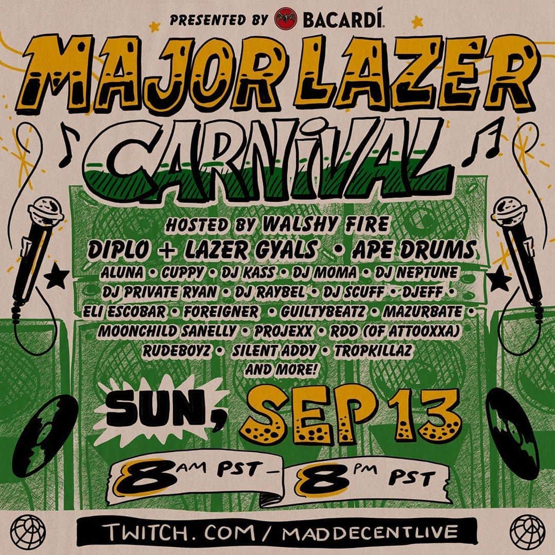 メジャー・レーザーのインスタグラム：「LAZER CARNIVAL THIS SUNDAY ON TWITCH ALLLLL DAYYYY LONGGGGG. PARTE AFTA PARTE.   AND WE ZOOMIN SO BRING YOUR FLAG AND REPRESENT YOUR COUNTRY LIVE ON THE SCREEN. WE WANT TO SEE WHO REPRESENTS THE MADDEST.」