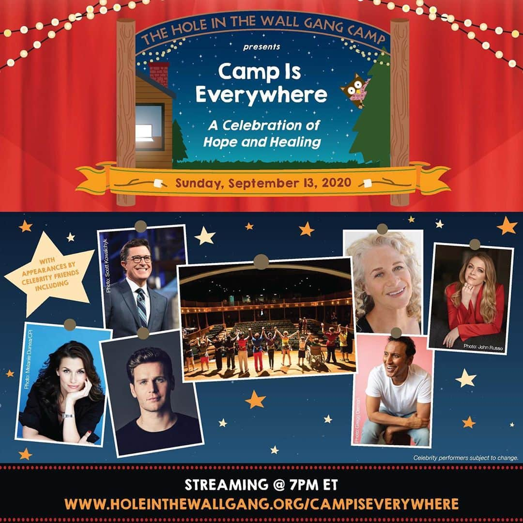 スコット・ウェインガーのインスタグラム：「What are you doing on Sunday, September 13th? RSVP FOR FREE to watch #CampIsEverywhere: A Hole in the Wall Celebration of Hope and Healing, which will be streaming at 7 p.m. ET. Don’t miss this Hole in the Wall tradition that Founder Paul Newman created 30 years ago, featuring six inspiring campers performing alongside Stephen Colbert, Dane DeHaan, Jonathan Groff, Melissa Joan Hart, Ethan Hawke, Tyler Hoechlin, Carole King, John Lithgow, Aasif Mandvi, Bridget Moynahan, Steven Pasquale, Rhonda Ross, Luke Wilson, Anna Wood and some additional surprise guests! Learn more about how the Camp brings “a different kind of healing” to the hearts, homes and hospitals of thousands of seriously ill children and their families annually – all year long and always free of charge. https://tinyurl.com/y6qc2xyy」