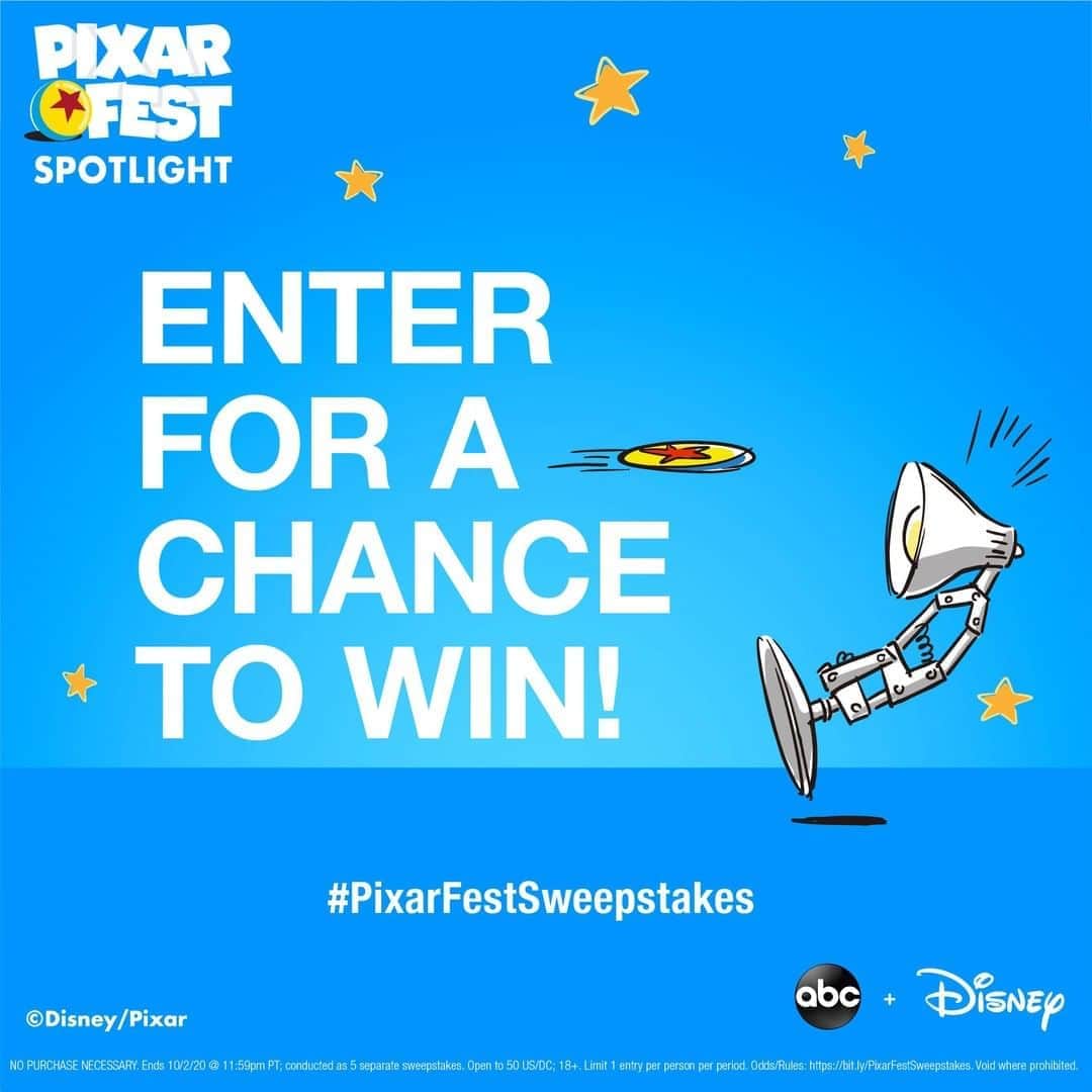 アメリカン・ブロードキャスティング・カンパニーのインスタグラム：「We’re celebrating #PixarFest by giving away some of our favorite Pixar products! To enter for a chance to win, like this post, comment with #PixarFestSweepstakes, and follow us @abcnetwork. No Purchase Necessary. Ends 10/2/20 @ 11:59pm PT; conducted as 5 separate sweepstakes. Open to 50 US/DC; 18+. Limit 1 entry per person per period. Odds/Rules: https://bit.ly/PixarFestSweepstakes. Void where prohibited.」