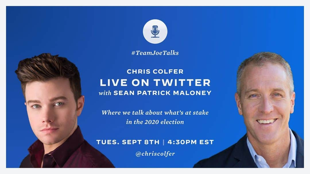 クリス・コルファーのインスタグラム：「9/8/20  @chriscolfer via Twitter & IG  I’m very excited for my first #TeamJoeTalks with @spmaloney. Hope you’ll join us today at 1:30PM PST/4:30PM EST. 🇺🇸  #QOTD: None — Have a nice day! 😇 - - - #chriscolfer #TeamJoeTalks #livetwitter #liveontwitter」