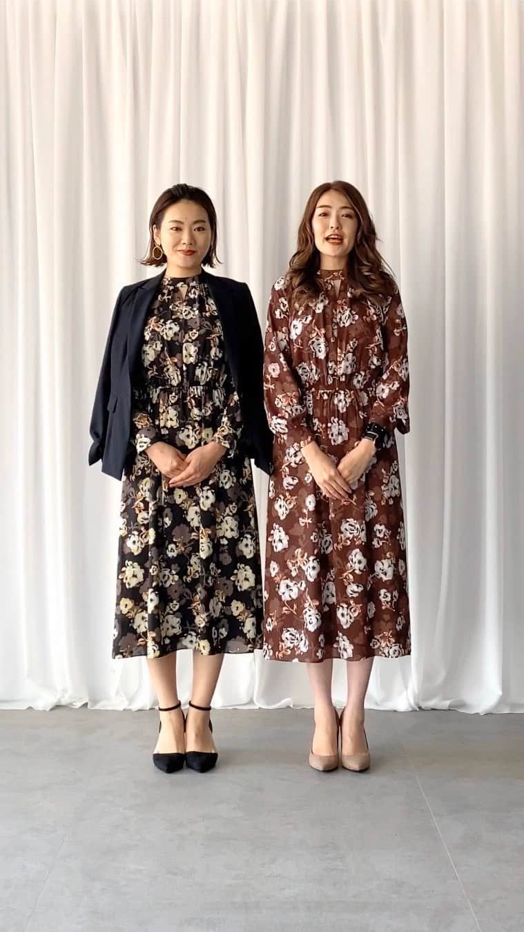 cdec_official Aesthetic Senseのインスタグラム：「今すぐ着れて、秋を先取りしたプリントワンピースをご紹介します。  右　サガミさん　165cm 左　タケコシさん　166cm  ◆ご紹介アイテム  【花柄ワンピース】‪187-59900‬ size  34.36.38.40号  color 119 ブラック柄 142 ブラウン柄  【テーラードジャケット】‪187-49900‬ size  34.36.38.40号  color 019 ブラック 043 ブラウン 050 ベージュ  ◆オンラインストアはこちら ↓ https://store.world.co.jp/search?fr=18759900&link_id=wos_H_SCH_searchbox&st=1  #COUP DE CHANCE #クードシャンス #接客  #ファッション  #ファッションコーデ  #スタイリング #ワンピース  #ワンピースコーデ  #プリント  #柄ワンピース  #おそろコーデ #秋コーデ」