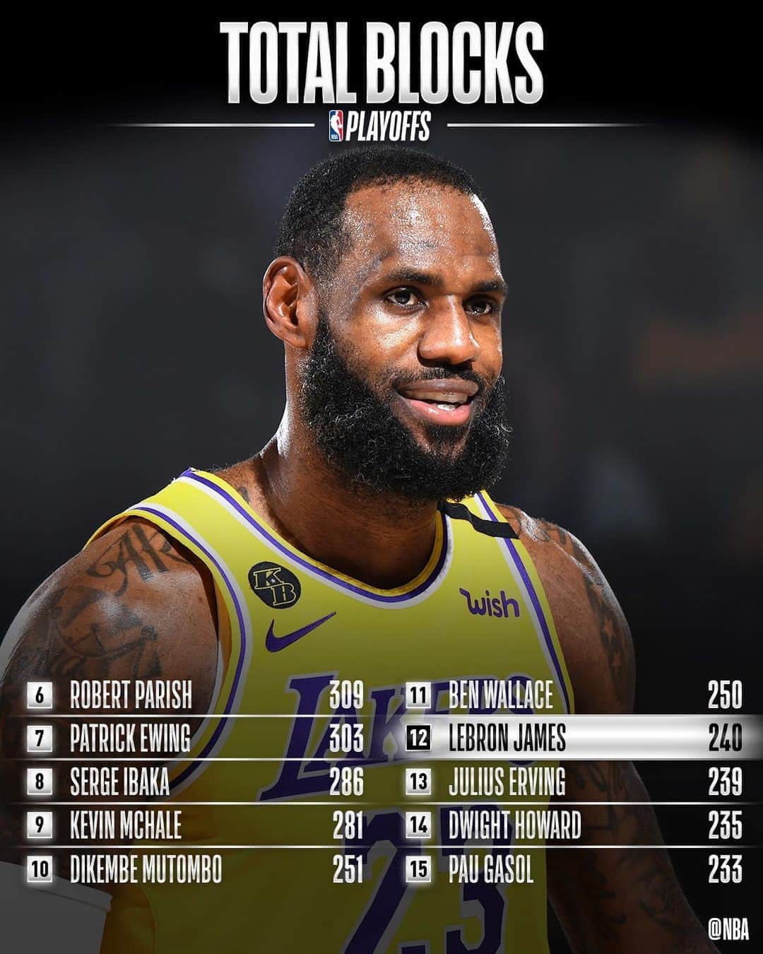 NBAさんのインスタグラム写真 - (NBAInstagram)「Congrats to @kingjames of the @lakers for moving up to 12th on the #NBAPlayoffs BLOCKS list!」9月9日 12時01分 - nba