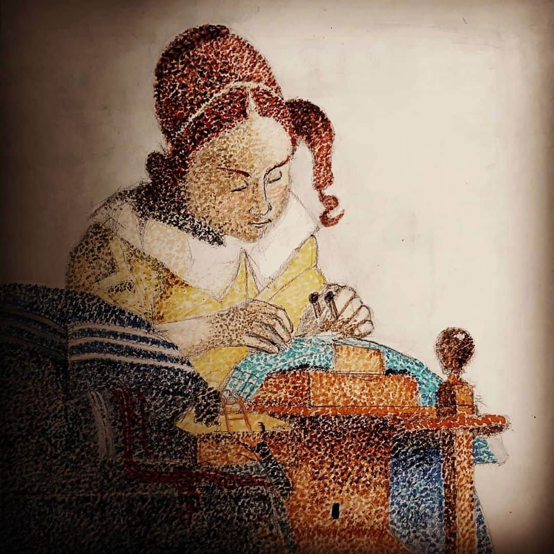門倉貴史さんのインスタグラム写真 - (門倉貴史Instagram)「フェルメールの『レースを編む女』を点描で模写しましたっ❗❗サルバドール・ダリが絶賛した小品ですよ。  後で制作過程をストーリーズにアップしておきますね❗  イエーイ🤓😄イエーイ🤓😄イエーイ🤓😄  #フェルメール #vermeer #点描画 #レースを編む女 #名画 #門倉貴史」9月9日 13時25分 - takashikadokura