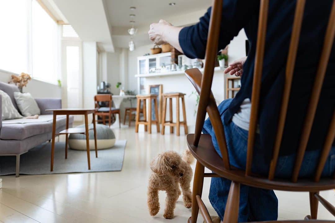 cafe_no_maのインスタグラム：「Swaying in the rocking chair always makes me relaxed a lot . ゆらゆらと揺れることで無心になれる…　それに気づいたのは、旅先で出会ったハンモックがきっかけでした。深い森に囲まれた宿のベランダで揺られながら過ごす時間。あの心地良さが忘れられず、スペースの限られた自宅でも再現しようとして行きついたたのが、このロッキングチェアでした。 . 何気ない毎日が少し楽しくなるモノを紹介する『ベーシック・ニーズ オブ ライフ・プラス』 @cafenoma.style でもこのロッキングチェアについて取り上げています。」