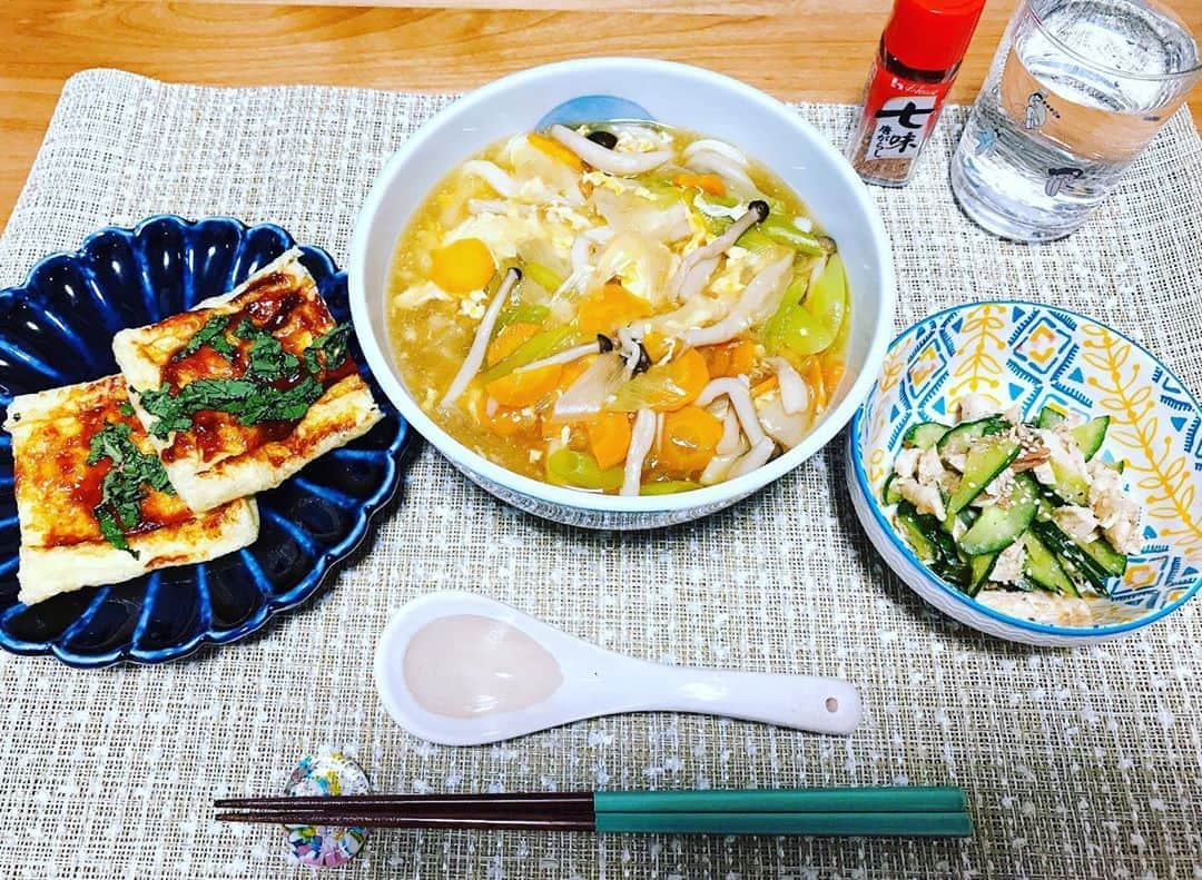 諏訪彩花さんのインスタグラム写真 - (諏訪彩花Instagram)「玉子あんかけうどん✨ きゅうりとささみと梅の胡麻和え✨油揚げの大葉みそ焼き✨😁」9月9日 19時39分 - suwa_ayaka