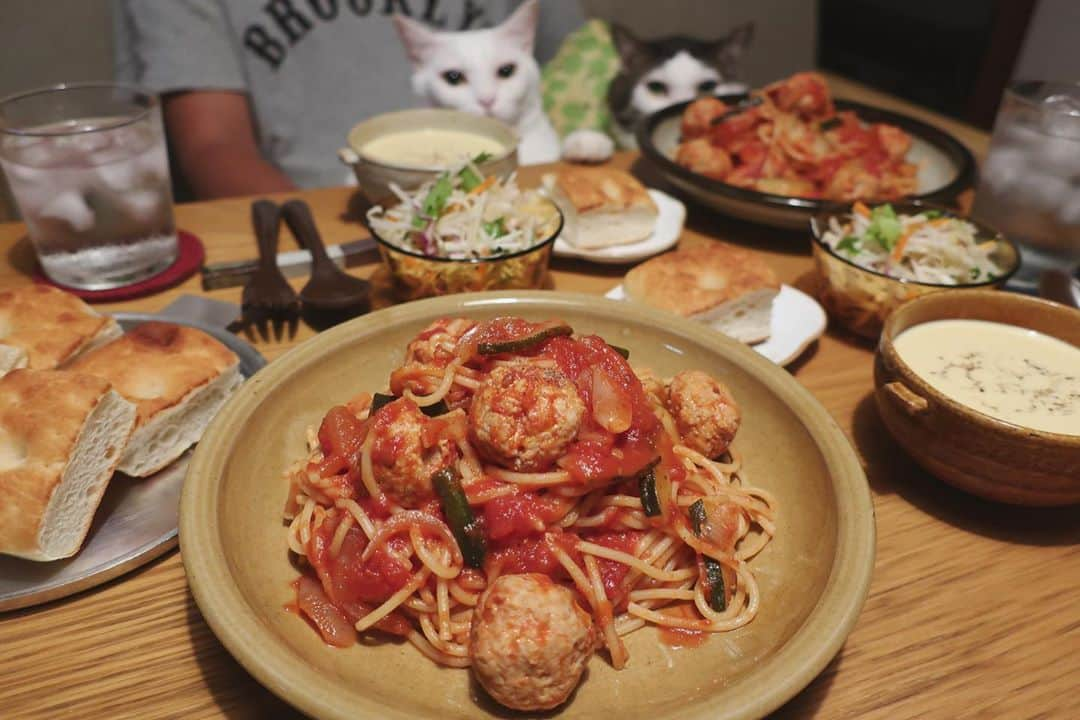 八、おこめさんのインスタグラム写真 - (八、おこめInstagram)「麺類って盛り付けむずい💦 ミートボールのトマトパスタ🍝 ズッキーニと玉葱もたっぷり入れた♩ 1.8mmの太いパスタ🤤❤︎ いただきます🙏してから舞茸入れてないの思い出した…。 3枚目→ ちゅ〜♡のお返ししてたw #ミートボールパスタ #トマトパスタ #八おこめ #ねこ部 #cat #ねこ #猫 #ネコ #八おこめ食べ物」9月9日 22時31分 - naomiuno