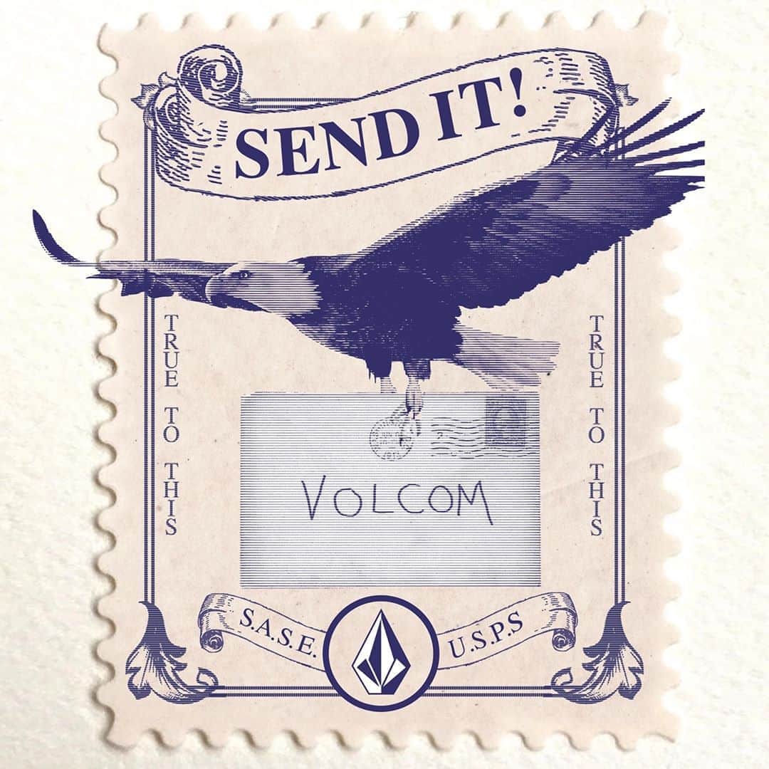 ボルコムのインスタグラム：「Send it! 🦅  We've been filling your sticker requests! Have you sent yours in yet?!  Send a self-addressed stamped envelope to us and get free Volcom stickers sent to you! 📬 Just mail us an envelope inside an envelope with a stamp already on it and your address so all we have to do is fill it with stickers and drop it back in the mail! 📩 US, Canada, Australia, Europe & Japan find the addresses to mail at vol.cm/stickers ✍️ @mynameismikeaho」