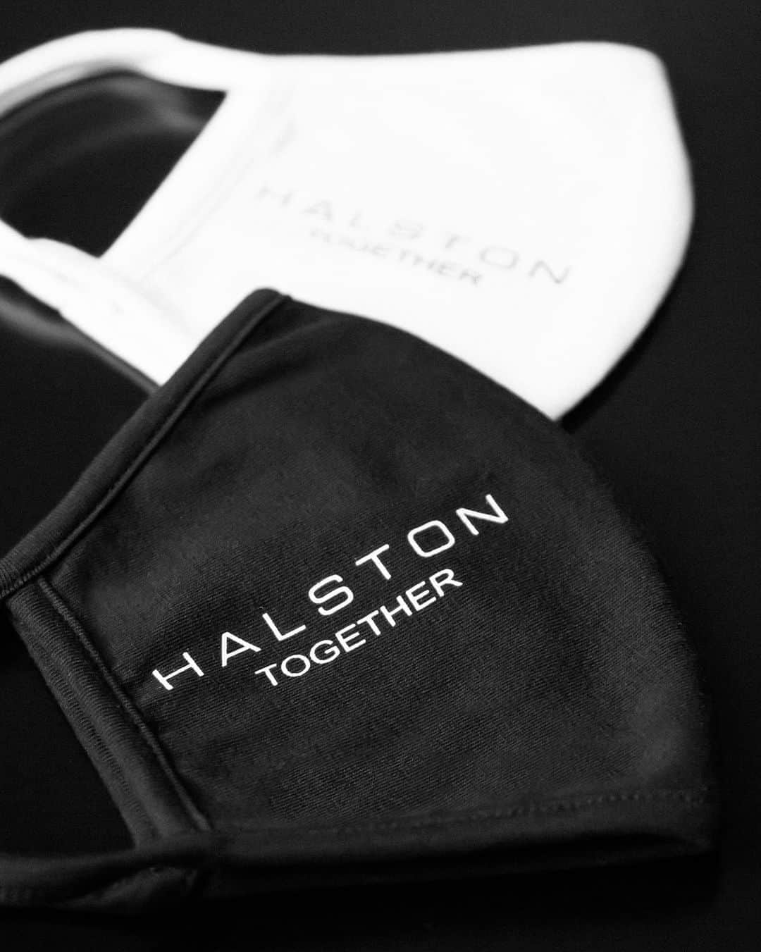 ホルストンのインスタグラム：「Introducing our Halston #Together Mask. Using 100% organic fibers, our antibacterial mask arrives this Friday exclusively at halston.com 🖤🤍」