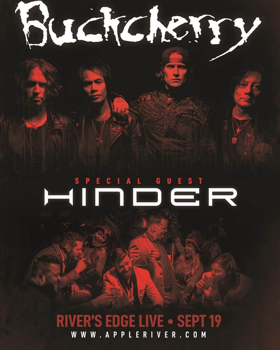 ヒンダーのインスタグラム：「We’re joining our pals in @buckcherry (those crazy b*tches!) for a special socially distanced gig on 9/19 at Rivers Edge in WI 🤘🏽 // visit appleriver.com for tickets!」