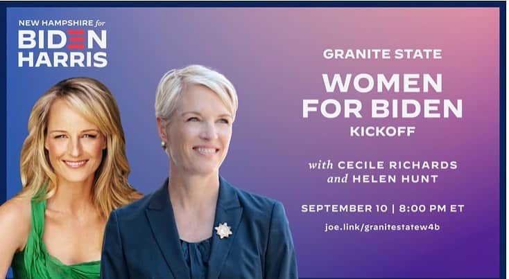 ヘレン・ハントのインスタグラム：「🎉Come celebrate the re-launch of Women for Biden-Harris with @CecileRichards and me!! Join us tomorrow night and sign up here: orgnh.us/WomenForBiden1 #NHPolitics #BidenHarris2020 #TeamJoe」