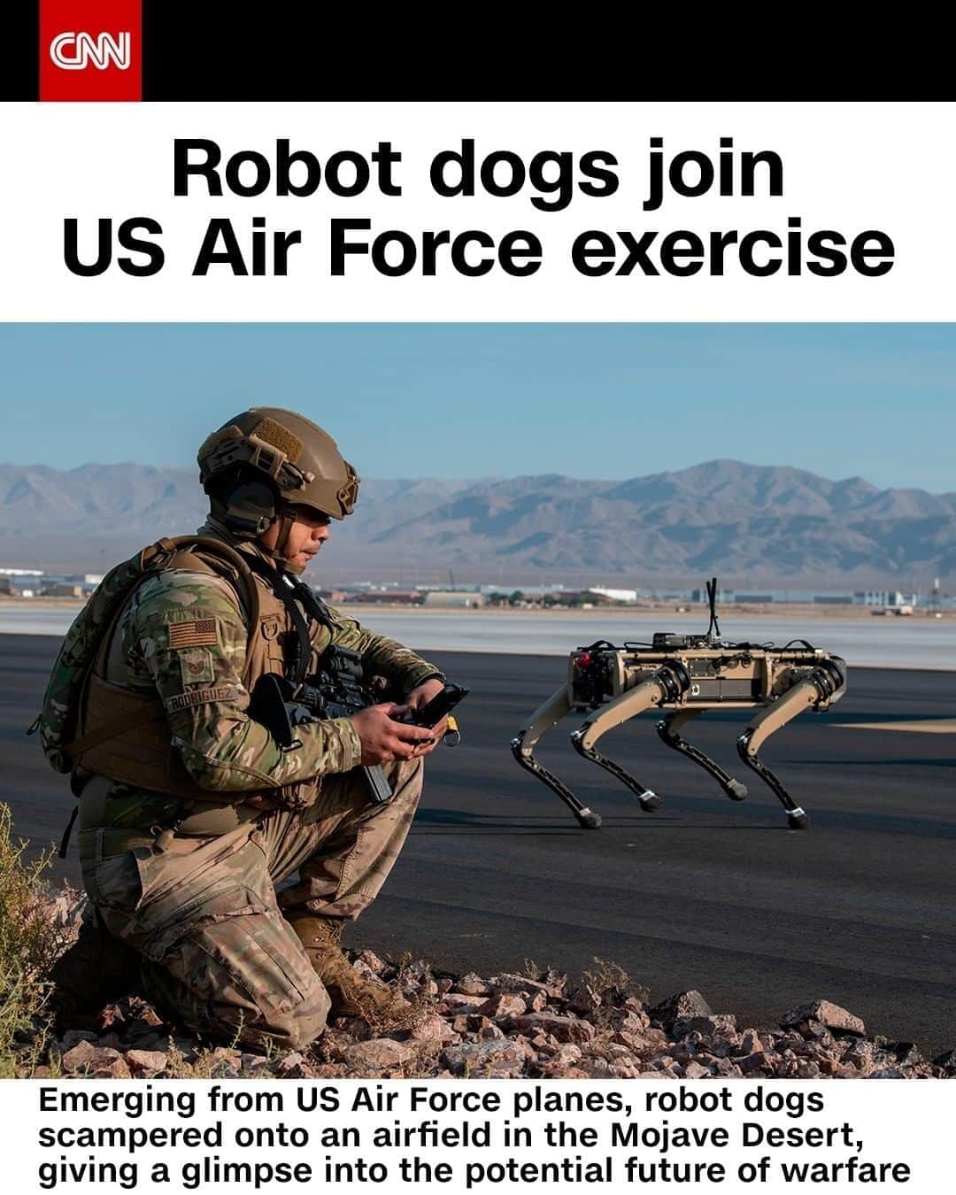 CNNさんのインスタグラム写真 - (CNNInstagram)「It looked like a scene from science fiction. Flying into a possibly hostile airstrip aboard an Air Force C-130, four-legged robot dogs were sent outside the aircraft to scout for threats before the humans inside would be exposed to them, according to a United States Air Force news release. The electronic canines are just one link in what the US military calls the Advanced Battle Management System, which uses artificial intelligence and rapid data analytics to detect and counter threats to US military assets in space and possible attacks on the US homeland with missiles or other means. (📸: Tech. Sgt. Cory D. Payne/USAF)」9月10日 4時02分 - cnn