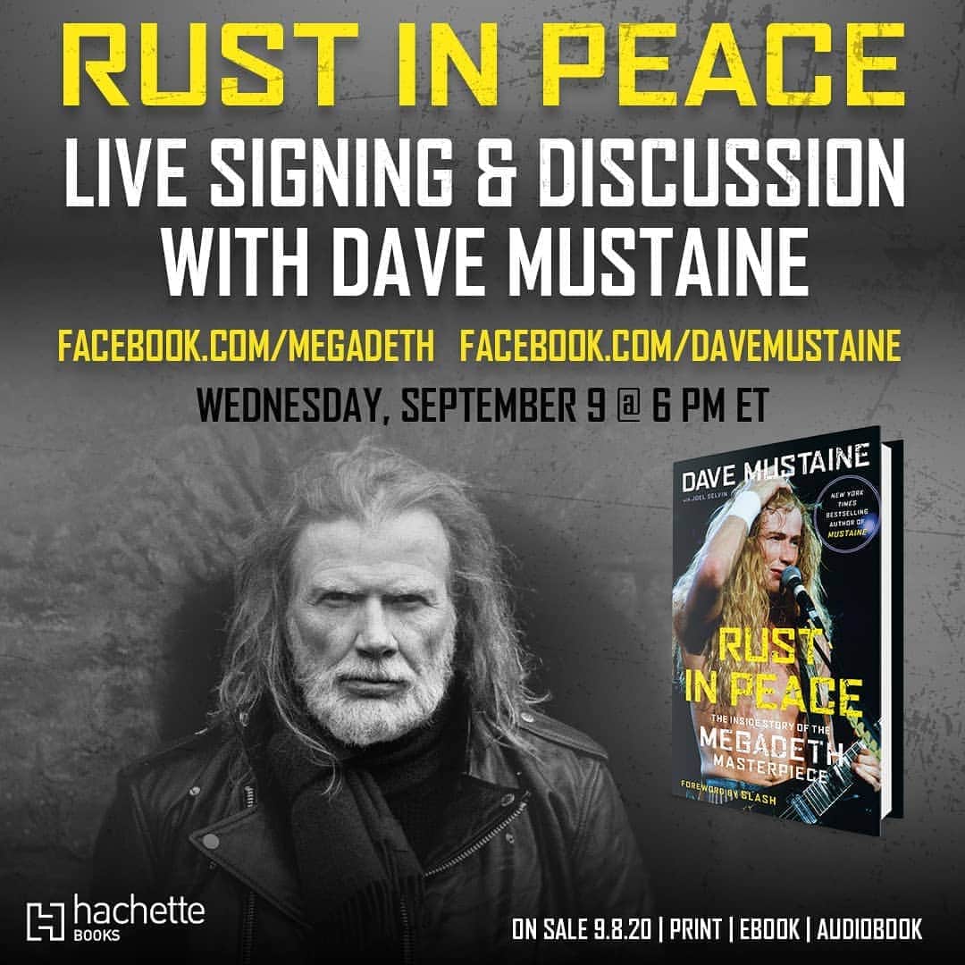 Megadethのインスタグラム：「Looking for a signed copy of Dave Mustaine’s new autobiography, RUST IN PEACE? Join Dave for a live stream signing & discussion TONIGHT on Facebook at 3 PM PT/6 PM ET. premierecollectibles.com/rustinpeace (link in bio)」