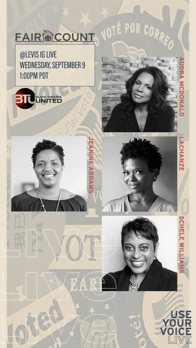 のインスタグラム：「USE YOUR VOICE LIVE with Fair Count and Black Theatre United. Jeanine Abrams, Vice President at Fair Count, Audra McDonald, Singer and Actor, LaChanze, Award-Winning Actress and Schele Williams, Director discussing why the 2020 Census is so important, what you need to do to fill yours out, and how you can be sure to complete yours before September 30th.」
