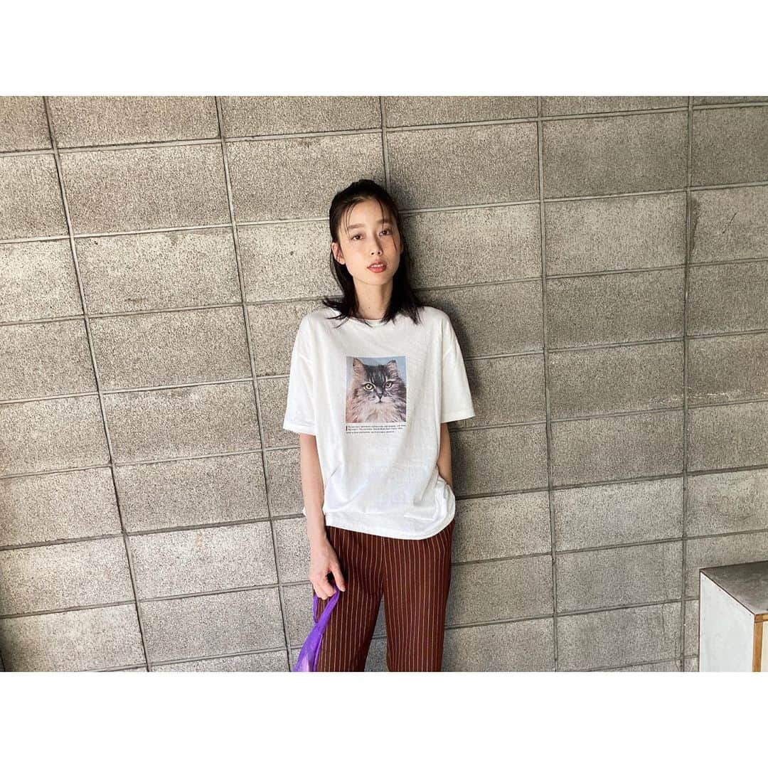 吉倉あおいさんのインスタグラム写真 - (吉倉あおいInstagram)「t-shirt @moussyofficial pants @laguagem bag @smirnasli_official  #まゆげの少年スタイル ねこちゃんTシャツはユルっとサイズで何かと着てしまうお気に入り♡ 最近はブラウン×パープルの組み合わせにハマっています！ スケスケバッグは持ち物オシャレにしないと、な緊張感があるけど😂 この夏のお気に入りアイテムです！」9月10日 18時31分 - aoi_yoshikura