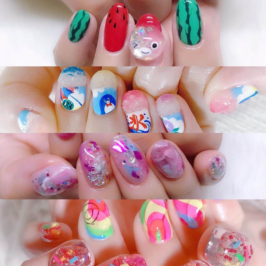 なかやまちえこのインスタグラム：「bye-bye Summer👋⠀ ⠀ #nail #nails #nailart #ネイル #美甲 #ネイルアート  #japanesenailart #manucure #japanesenails #manicurist #gelnails #أظافر #네일아트 #미용 #vẽmóng #ngườiđẹp  #เพ้นท์เล็บ #искусствоногтя #artedeuñas #เพ้นท์เล็บเจล #ジェルネイルデザイン #ネイルデザイン #senikuku #nagelkunst #サマーネイル #summernails #夏ネイル @pregelofficial @bettygel_official @kimagure_cat_whim @prexyofficial」