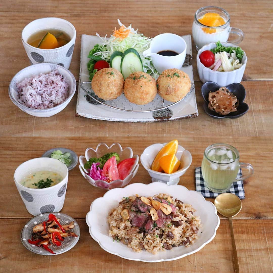yunaのインスタグラム：「♩*ﾟ #レシピあり #まとめて投稿 #ひとりごはん . . 🍚コロッケリメイクコロッケ マカロニサラダ きんぴられんこん かぼちゃのお味噌汁 雑穀ごはん フルーツヨーグルト🍊 . . 🍚ビーフピラフ(レシピ↓) 鶏ハムとピーマンの塩昆布炒め コーンスープ トマトサラダ オレンジ🍊 . . 冷凍庫にステーキ肉が１枚。。 取り合いになるので ピラフに入れました👌 簡単ビーフピラフレシピ↓ . . 🍳【ビーフピラフ】２人分 . 🥕材料 ステーキ肉　３００ｇ 玉ねぎ　1/2個 にんにく　２かけ 残りご飯　５００ｇ 〇焼き肉のタレ　大さじ２~２．５ 〇醤油　大さじ１．５ 塩コショウ　少々 サラダ油　適量 パセリのみじん切り(お好みで) . . 🥕つくりかた ①玉ねぎはみじん切り、ニンニクは薄切りにする。ステーキ肉は２等分にする。塩コショウを振る。１枚はそのまま、１枚は１㎝角位の大きさに切る。〇は混ぜておく。残りご飯はレンジで温めておく。  ②フライパンにサラダ油とにんにくを入れる。弱火でじっくり加熱してフライドガーリックを作る。にんにくがきつね色になったら取り出しておく。  ③②のフライパンをサッと拭き、お肉を強火で焼く。私は一つのフライパンで大きいお肉と１センチ角に切ったお肉を一緒に焼きました。別々に焼いてもOK♪お肉は取り出しておく。大きいお肉はアルミホイルに包んでおく。  ④③のフライパンは拭かずにそのまま火をつける。玉ねぎを炒める。しんなりしてきたらご飯を入れて軽く塩コショウしてほぐしながら炒める。  ⑤③の小さく切ったお肉を入れて混ぜる。〇をまわしかけたらよく炒める。お皿に盛る。③で取り出しておいた大きいお肉をスライスしてのせる。フライドガーリック、パセリのみじん切りをかけたら出来上がり♪ . . #yunaご飯#lin_stagrammer#kurashiru#delistagrammer#Japanesefood#ロカリキッチン#デリスタグラマー#クッキングラム#クッキングラムアンバサダー#タベリー#フーディーテーブル#Kissカメラ#iegohanphoto#てづくりごはん365#おうちごはん#おうちごはんlover#ママリクッキング#マカロニメイト#キッチングラム#おうちカフェ#夜ごはん#晩ごはん#dinner#小石原焼#翁明窯元#レシピ#コロッケ」