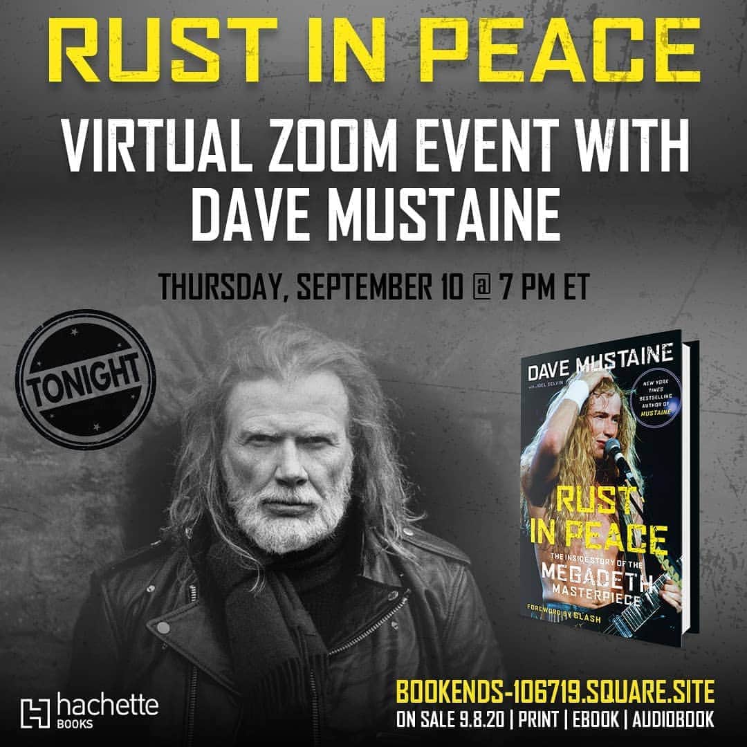 Megadethのインスタグラム：「Join Dave Mustaine for a Virtual Zoom Event TONIGHT @ 7 PM ET with host, Ryan Downey. Dave will be discussing his new autobiography, RUST IN PEACE, as well as taking audience questions. Tickets to the event include a signed book, and you can expect an exciting experience—you never know what tales Dave has to tell or what’s up his sleeve! Register for the event here: bit.ly/2Zskhnk (link in bio)」