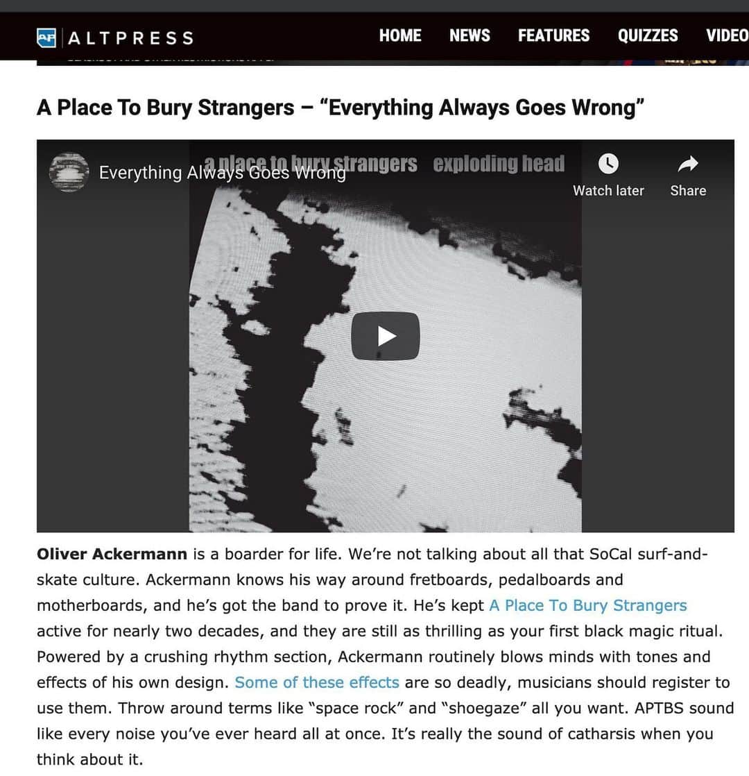 A Place to Bury Strangersのインスタグラム：「@altpress included "Everything Always Goes Wrong" in its Favorite Noise Rock Tracks with some of our heroes including @sonicyouth_official, Big Black, Melt-Banana, The Velvet Underground, The @jesusandmarychain, @Whoresband , Girl Band & more:  THESE 10 NOISE-ROCK TRACKS WERE BUILT TO DEFY YOUR VOLUME SETTINGS Sometimes there simply isn't a chord gross enough to convey how you feel. Here's a short list of guitar-abusing units.  https://www.altpress.com/features/noise-rock-tracks-sonic-youth-big-black/  (Link In Bio)  #alternativepress #noiserock #guitarabusing #sonicyouth #thevelvetunderground #bigblack #meltbanana #jesusandmarychain #godflesh #worlddominationenterprises #girlband #whores #everythingalwaysgoeswrong #aptbs #aplacetoburystrangers」