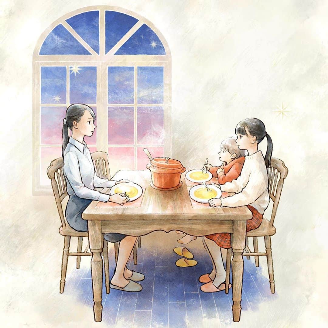 のインスタグラム：「📘 「月のスープのつくりかた」(小学館) 著者:麻宮好さん デザイン:東海林かつこさん(next door design) 2020/9/8発売  装画を担当しました。暗い記憶から救いに変わっていく料理。主人公と姉弟の関係の変化もじんわりあたたかいです🌕🍴  #おいしい小説文庫 #illustration」