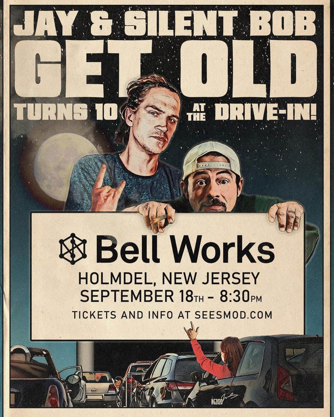 ケヴィン・スミスのインスタグラム：「NEW JERSEY! @jayandsilentbob are coming home again! @JayMewes and I present the 10th Anniversary episode of our podcast Jay & Silent Bob Get Old at the @bellworks Drive-In in Holmdel next FRIDAY, 9/18! While we’re be back east for the @moobyspopup opening in Red Bank at @giannispizzeria, it felt like a socially distant observation of a decade of demon-fighting was in order! So join us to see two boys from Jersey gettin’ oral with each other live on stage! Tickets are at the link in my bio! Then, next week, jump in your car and come celebrate Jay for striking back against his addictions before rebooting his life! (Awesome Art by @thedarknatereturns) #KevinSmith #jasonmewes #jaymewes #jayandsilentbob #jayandsilentbobgetold #newjersey #moobyspopup #podcast #10thanniversary #belllabsholmdel」