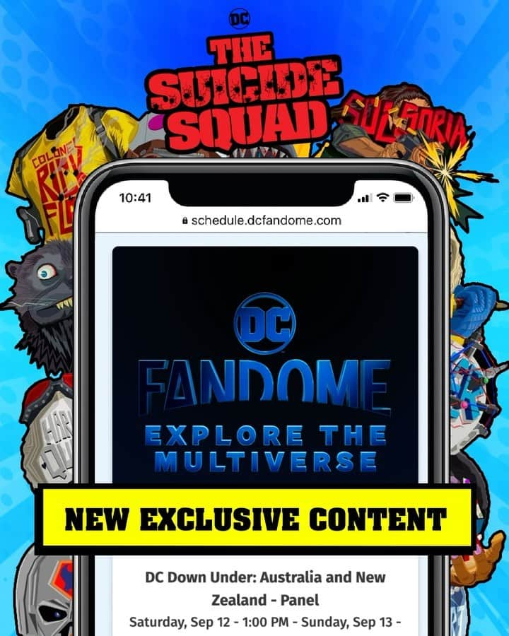 スーサイド・スクワッドのインスタグラム：「#TheSuicideSquad is back at #DCFanDome: Explore the MultiVerse this Saturday! 🔥Tune in to watch our Hall of Heroes panel, check out our never-before-seen cast fan Q&As and join our very own @margotrobbie & @jaicourtney in "DC Down Under." Check out The Suicide Squad playlist now to make sure you don't miss anything! Link in bio.」