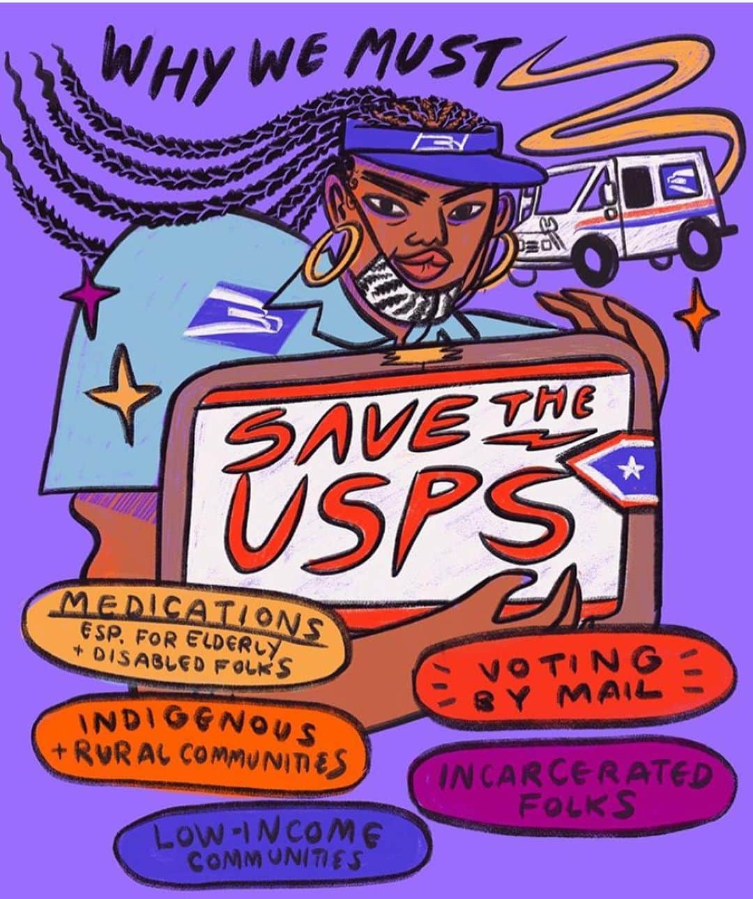 ジャック・ファライーのインスタグラム：「The USPS is in trouble, and this is particularly worrisome as we approach the election. To help curb voter suppression, call your state representatives and urge them to 1) treat mail in ballots as first class mail so ballots don’t get treated as bulk 2) extend the vote by mail period so that people have a larger grace period to return their ballots and 3) ask them what they’re doing to make sure voter suppression won’t take place in your state. Familiarize yourself with the voting deadlines/rules where you live, and tell everyone you know to *sign the back of your mail in ballot* as many ballots don’t get counted because people forget to do this last step. Awesome graphics by @ashlukadraws」