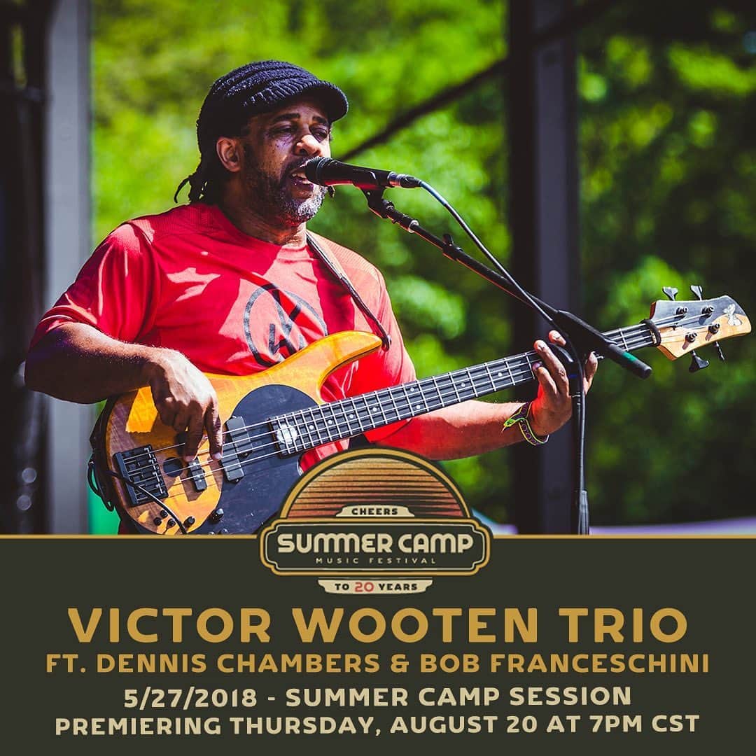 ヴィクター・ウッテンのインスタグラム：「Hey Everyone,  We are excited to announce that we will have a FREE livestream of the Victor Wooten Trio’s performance from the Summer Camp Music Fest 5/27/1018. Watch it here on The Victor Wooten Facebook Page this Thursday August 20th at 8pm EDT.    Save this post, share this post, and be here to catch the Trio’s great festival performance!  Victor Wooten Trio  Victor Wooten  Dennis Chambers  Bob Franceschini」