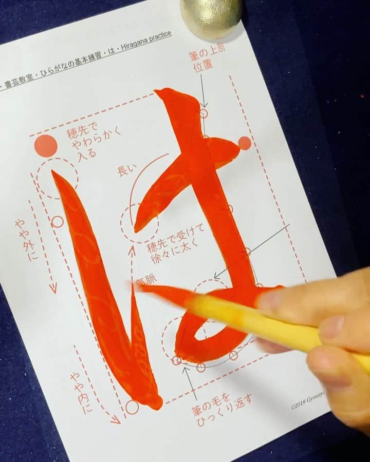 鈴木暁昇のインスタグラム：「*  ◆ひらがな基本練習・はひふへほ◆ ◆Hiragana basic practice◆ * 穂先の通る位置に留意してなぞります。 * * 🔴9月開校・通信講座①初学者コース、②基礎コース 各受講生募集中。動画のような基礎の筆遣いから学習します。個別メッセージかプロフィールリンクのホームページよりお問い合わせください。 * 🔴通学で学習したい方は個別メッセージかプロフィールリンクのホームページよりお問い合わせください。 * * ◆参考書籍◆ 鈴木曉昇著 極める基礎習字練習帳→お子様の習字練習や習字初心者向けに徹底的に基礎練習にこだわった書籍です。 * ************************* * I made a model set for tracing practice. You can purchase from the Gyousyou Suzuki store of the website link on the Instagram profile. * You can practice it repeatedly if you print PDF from5 characters required for basic block letter PDF. * #書道 #鈴木曉昇 #和 #wabisabi #calligraphy #筆文字 #artistic #beautiful #chinesecalligraphy #墨 #sumi #書法 #japan #手書き #美文字 #手書きツイート #オリンピック #Olympic #japaneseculture #日本 #chineseculture」