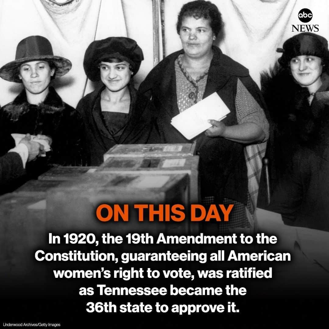 ABC Newsさんのインスタグラム写真 - (ABC NewsInstagram)「ON THIS DAY: In 1920, the 19th Amendment to the Constitution, guaranteeing all American women’s right to vote, was ratified as Tennessee became the 36th state to approve it. #onthisday #history #voting #womenssuffrage #19thamendment」8月18日 18時33分 - abcnews