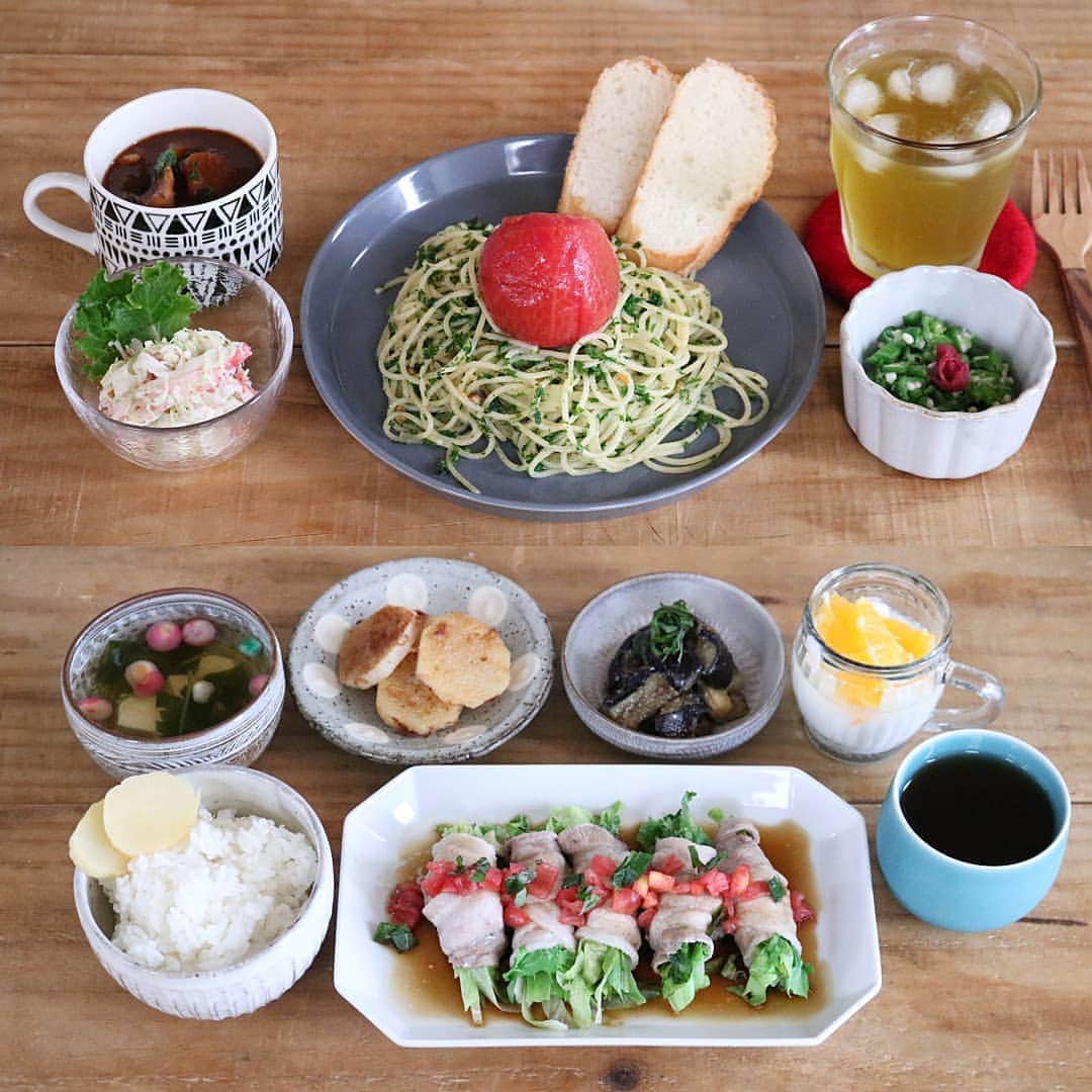 yunaのインスタグラム：「♩ . #まとめて投稿 #ひとりごはん . . 🍚ジェノベーゼ丸ごとトマトのせ キャベツとカニかまのサラダ オクラの梅肉和え ビーフシチュー . . 🍚レタスの豚巻きレンジ蒸しトマト大葉だれ 長芋のおかかソテー なすのゴマ味噌和え お吸い物 みかんヨーグルト . . #yunaご飯#lin_stagrammer#kurashiru#delistagrammer#Japanesefood#ロカリキッチン#デリスタグラマー#クッキングラム#クッキングラムアンバサダー#タベリー#フーディーテーブル#Kissカメラ#iegohanphoto#てづくりごはん365#おうちごはん#おうちごはんlover#ママリクッキング#マカロニメイト#おうちごはん通信#キッチングラム#おうちカフェ#夜ごはん#晩ごはん#dinner#小石原焼#翁明窯元#白山陶器#波佐見焼」