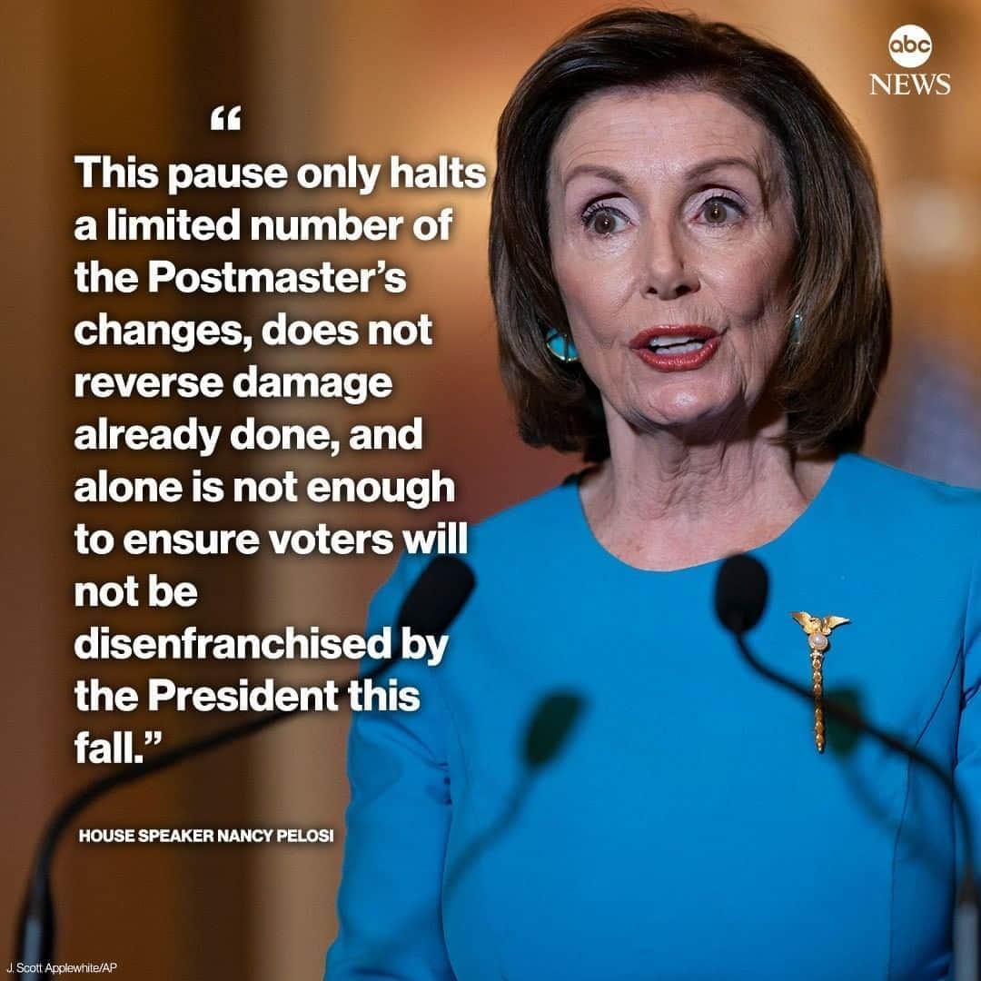 ABC Newsさんのインスタグラム写真 - (ABC NewsInstagram)「NEW: Speaker Nancy Pelosi calls embattled Postmaster General Louis DeJoy's announcement that he is suspending mail-handling changes until after election "a necessary but insufficient first step in ending the President’s election sabotage campaign." #nancypelosi #louisdejoy #usps #uspostalservice #postoffice #donaldtrump #election」8月19日 5時33分 - abcnews