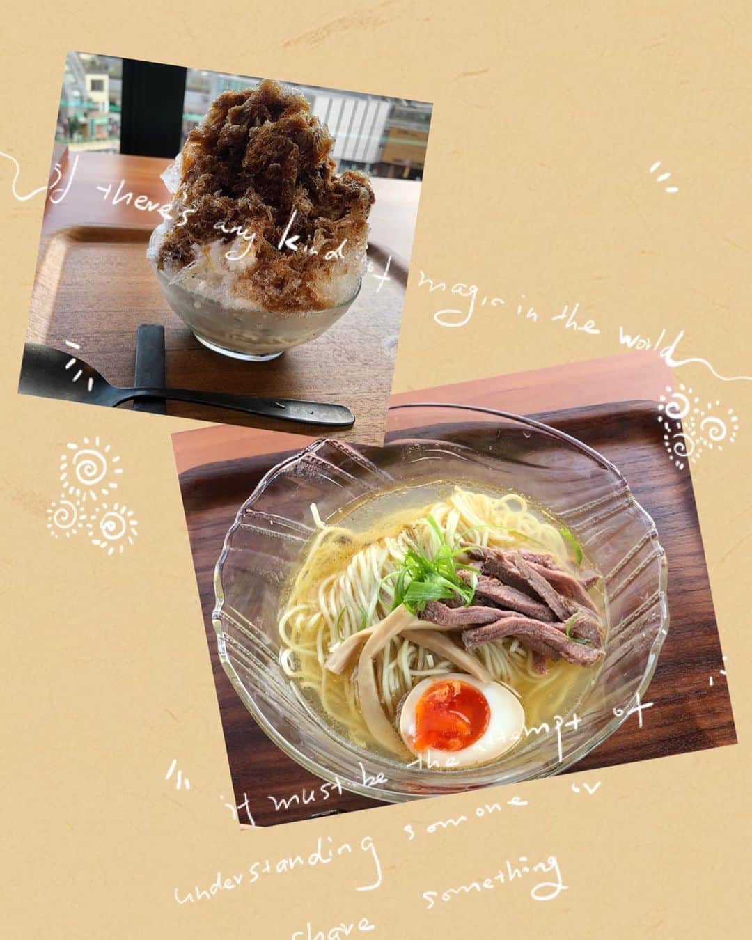 中西香菜のインスタグラム：「﻿ 🍽フライトラウンジ🤤﻿ お店の眺めが素敵。﻿ ・﻿ ♡﻿ ・﻿ 🍜冷やしらーめん🍜﻿ 麺がもちもち。﻿ お肉がおいしい。 冷やしはさっぱりで良いですね〜😚﻿ ・﻿ 🍧エスプレッソかき氷🍧﻿ 店員さんがエスプレッソをかけてくれました。﻿ コーヒー好きにはたまりません。 奥にはバニラアイスとコーヒーゼリーが入っていて甘いし食感が最高✨﻿ 苦さと甘さが絶妙マッチしていました🤤﻿ ・﻿ ♡﻿ ・﻿ ♡﻿ ・﻿ #フライトラウンジ　 #ラーメン﻿ #ラーメン巡り #グルメ好きの人と繋がりたい﻿ #下北沢グルメ﻿ #下北沢﻿ #下北沢カフェ  #グルメ #食べて痩せる  #食べスタグラム﻿ #エスプレッソかき氷﻿ #かき氷﻿ #コーヒー #中西香菜」